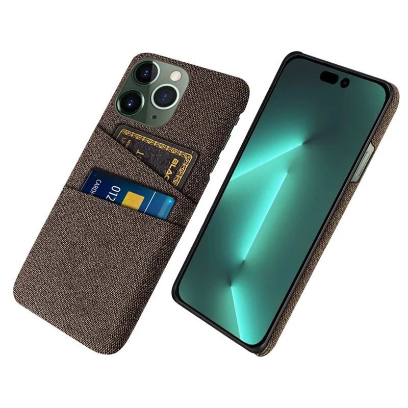 Shockproof Slim Cover for iPhone 15 Pro Hard PC + Cloth Protective Phone Case with Dual Card Holder - Brown