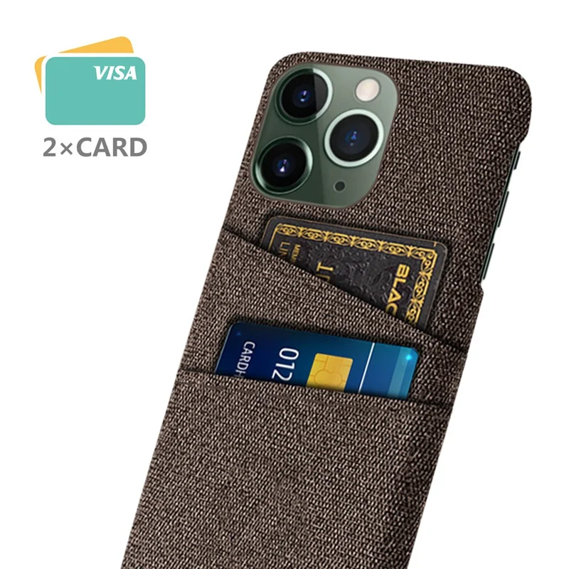 Shockproof Slim Cover for iPhone 15 Pro Hard PC + Cloth Protective Phone Case with Dual Card Holder - Brown
