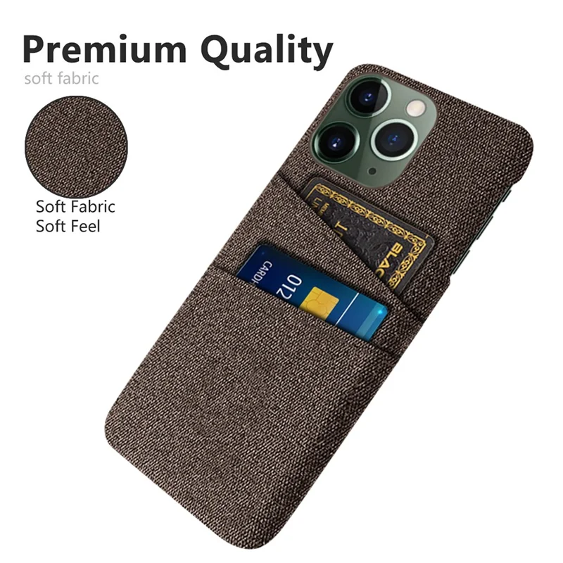 Shockproof Slim Cover for iPhone 15 Pro Hard PC + Cloth Protective Phone Case with Dual Card Holder - Brown