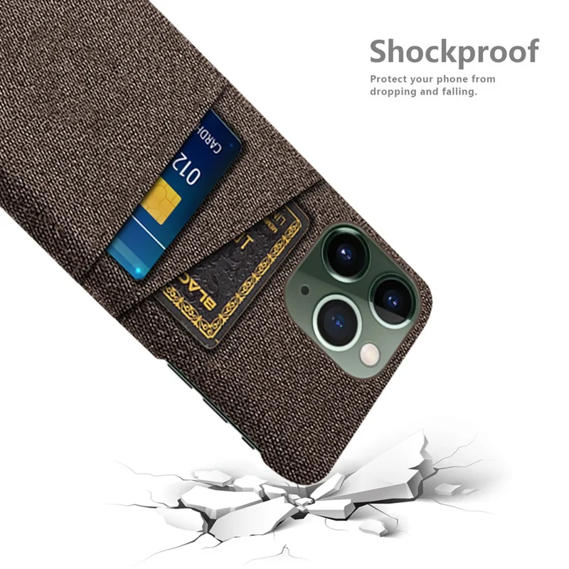 Shockproof Slim Cover for iPhone 15 Pro Hard PC + Cloth Protective Phone Case with Dual Card Holder - Brown