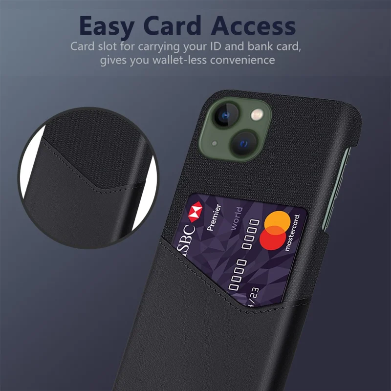 Card Holder Protective Phone Case for iPhone 15 Cloth Texture PU Leather Coated PC Cover - Black