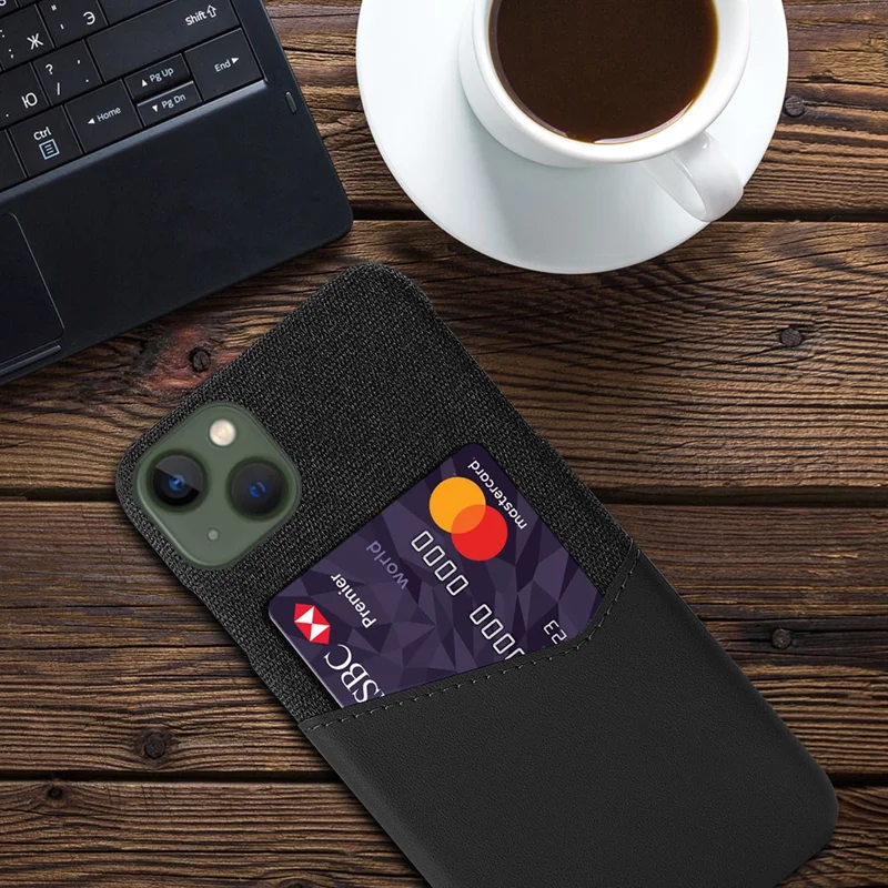 Card Holder Protective Phone Case for iPhone 15 Cloth Texture PU Leather Coated PC Cover - Black