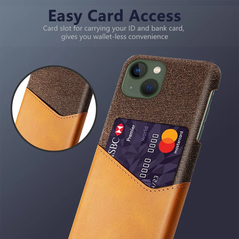 Card Holder Protective Phone Case for iPhone 15 Cloth Texture PU Leather Coated PC Cover - Orange