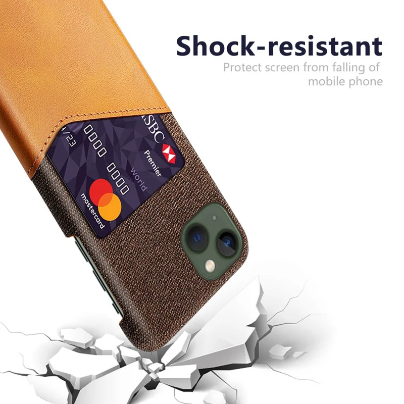 Card Holder Protective Phone Case for iPhone 15 Cloth Texture PU Leather Coated PC Cover - Orange