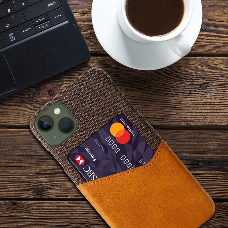Card Holder Protective Phone Case for iPhone 15 Cloth Texture PU Leather Coated PC Cover - Orange