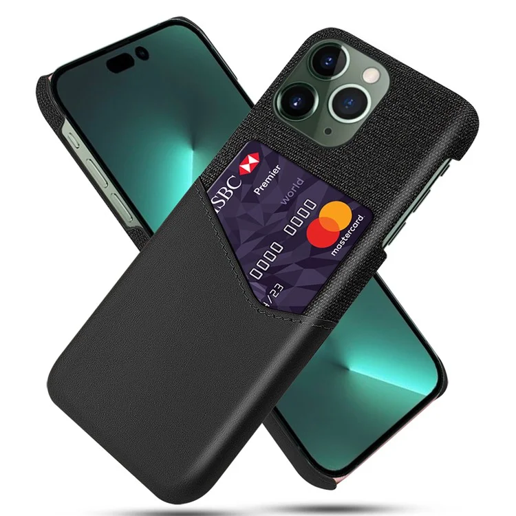 Protective Phone Case for iPhone 15 Pro Cloth Texture PU Leather Coated PC Cover with Card Holder - Black