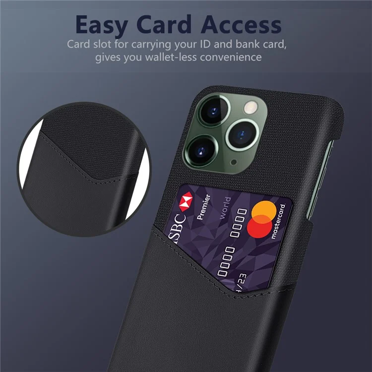 Protective Phone Case for iPhone 15 Pro Cloth Texture PU Leather Coated PC Cover with Card Holder - Black