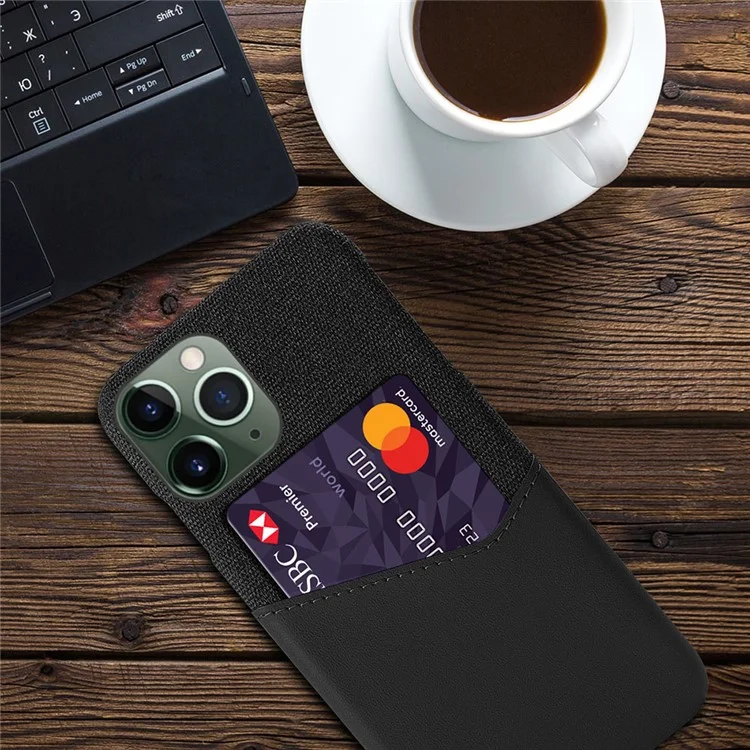 Protective Phone Case for iPhone 15 Pro Cloth Texture PU Leather Coated PC Cover with Card Holder - Black