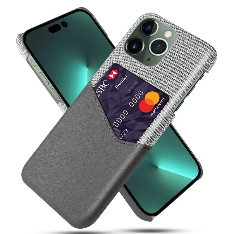 For iPhone 15 Pro Max Shockproof Case Cloth Texture Card Holder PU Leather Coated PC Cover - Grey