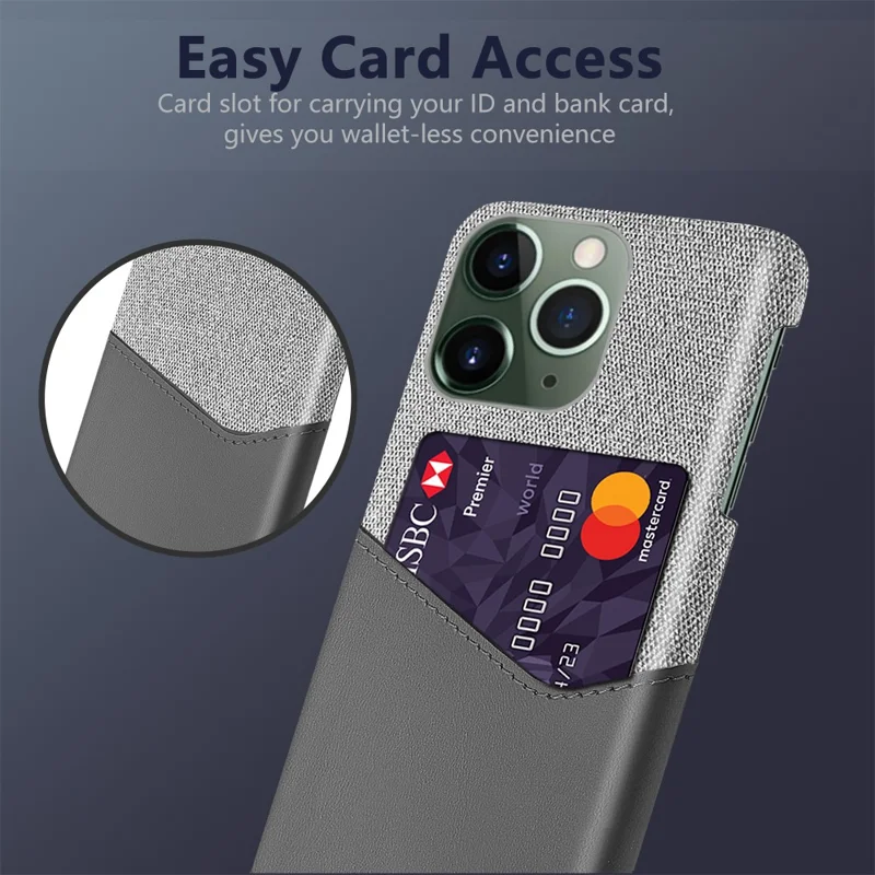 For iPhone 15 Pro Max Shockproof Case Cloth Texture Card Holder PU Leather Coated PC Cover - Grey