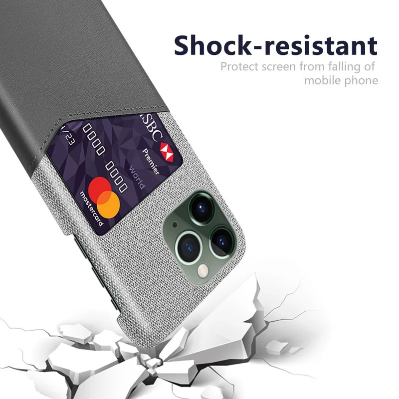 For iPhone 15 Pro Max Shockproof Case Cloth Texture Card Holder PU Leather Coated PC Cover - Grey