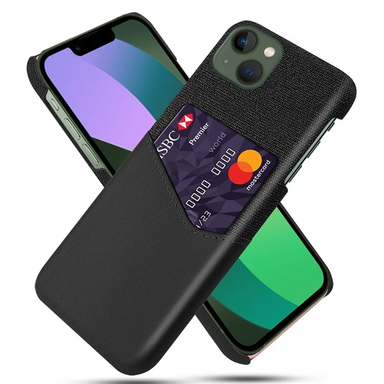 Card Holder Phone Case for iPhone 15 Plus Protective Cover Cloth Texture PU Leather Coated PC Phone Shell - Black
