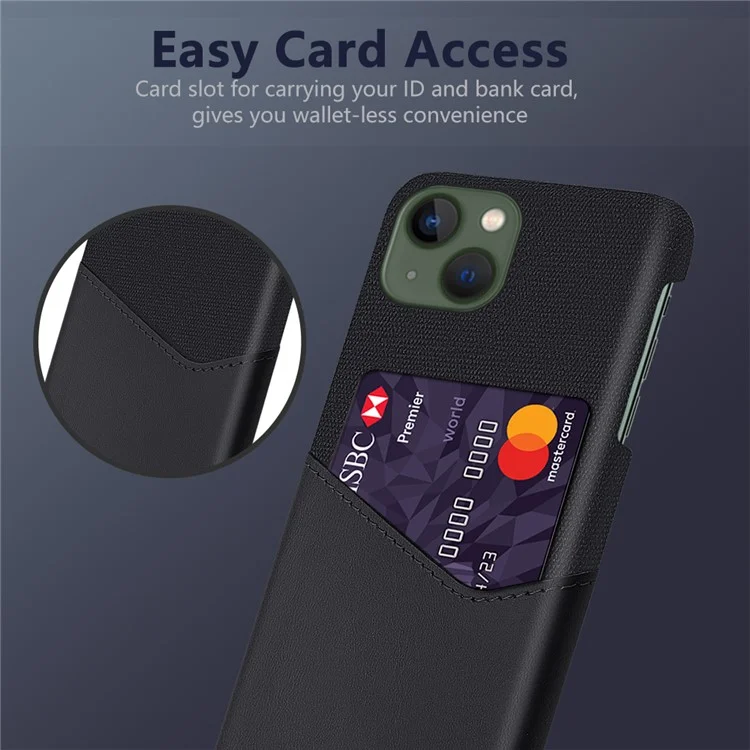 Card Holder Phone Case for iPhone 15 Plus Protective Cover Cloth Texture PU Leather Coated PC Phone Shell - Black
