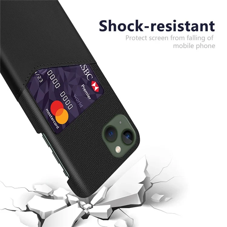 Card Holder Phone Case for iPhone 15 Plus Protective Cover Cloth Texture PU Leather Coated PC Phone Shell - Black
