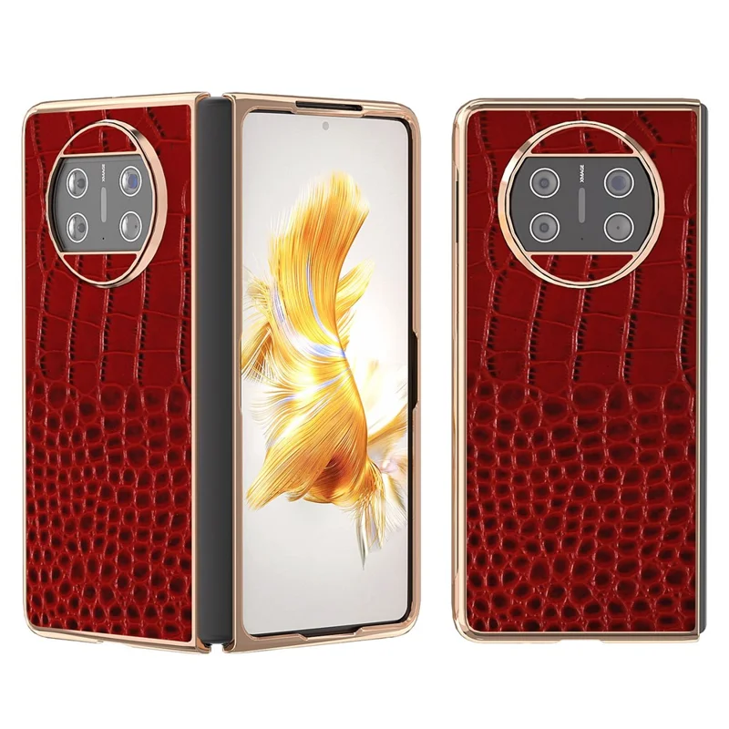For Huawei Mate X3 5G Crocodile Pattern Phone Case Genuine Cow Leather + PC Electroplating Cover - Red