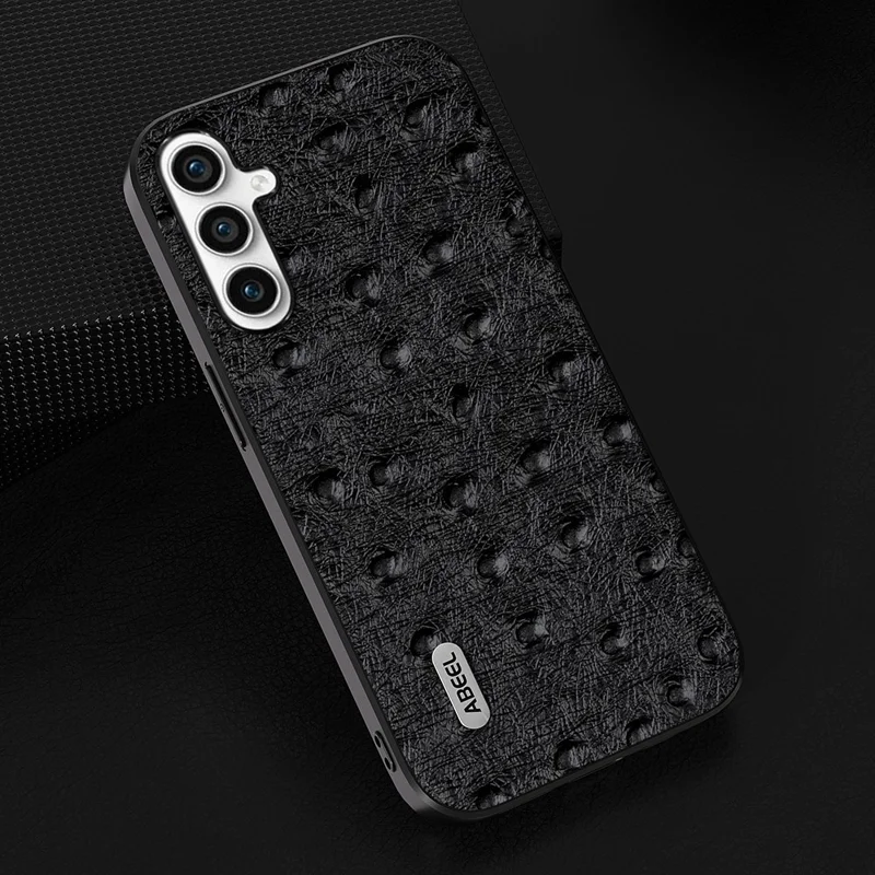 ABEEL For Samsung Galaxy A54 5G Ostrich Texture Back Cover Genuine Cow Leather+PC+TPU Protective Phone Case - Black