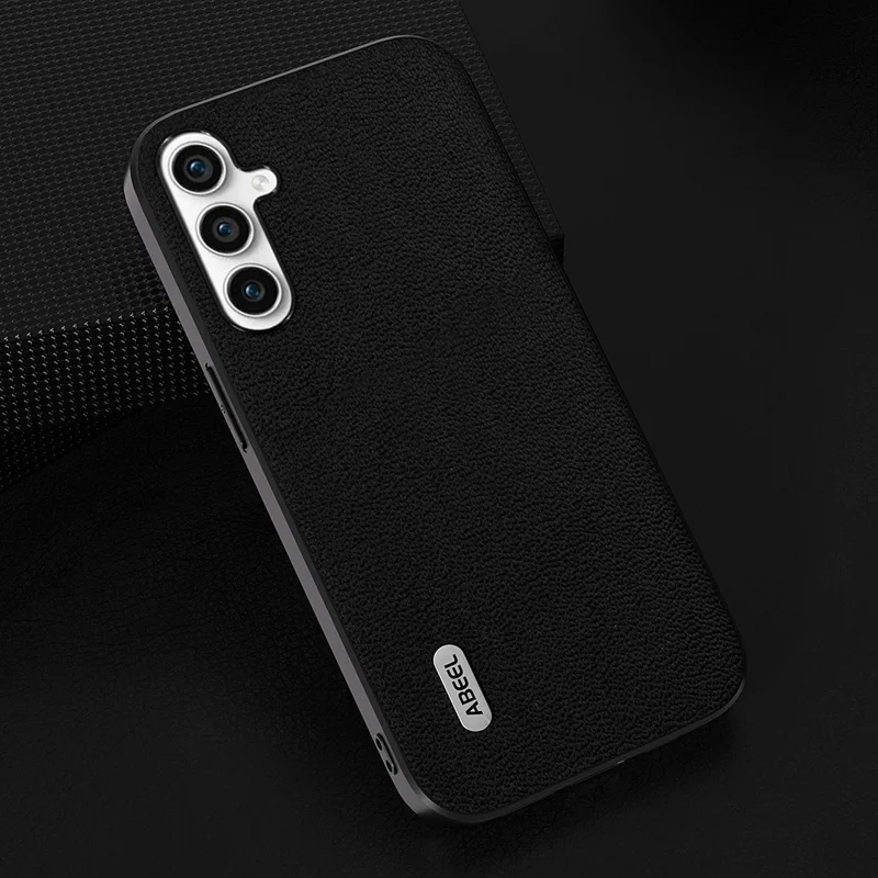 ABEEL Litchi Texture Case pour Samsung Galaxy A14 4G / A14 5G, Coque de Téléphone en Véritable Cuir de Vache Revêtu de PC+TPU Anti-Choc - Noir