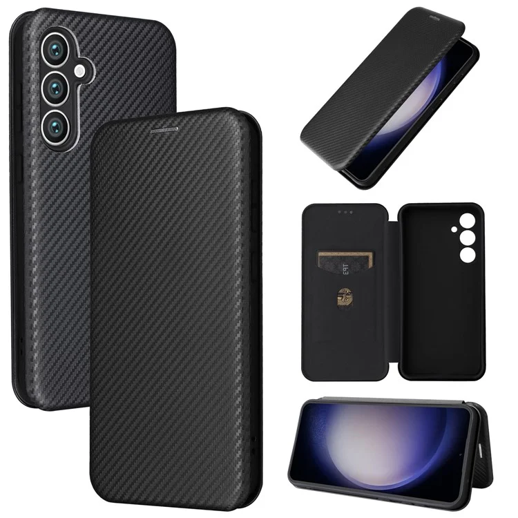 Carbon Fiber Textur Schale für Samsung Galaxy S23 FE, Kartenfach Handyhülle Leder Ständer Hülle - Schwarz