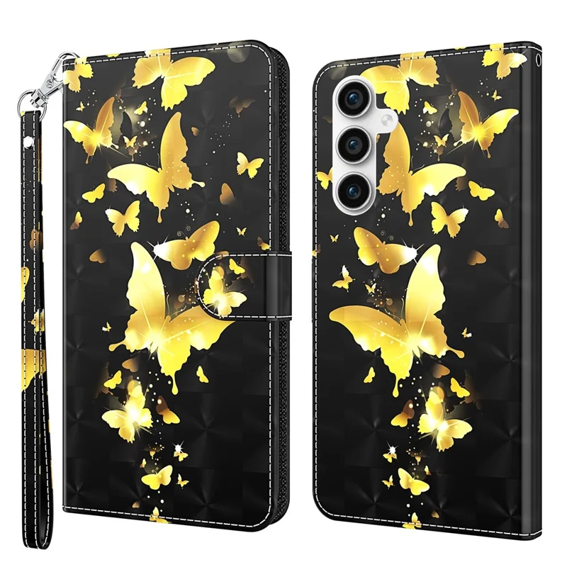 3D Pattern Printing Shell for Samsung Galaxy S23 FE PU Leather Wallet Phone Case Stand Cover with Strap - Golden Butterflies