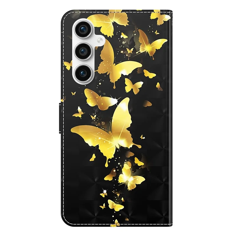 3D Pattern Printing Shell for Samsung Galaxy S23 FE PU Leather Wallet Phone Case Stand Cover with Strap - Golden Butterflies