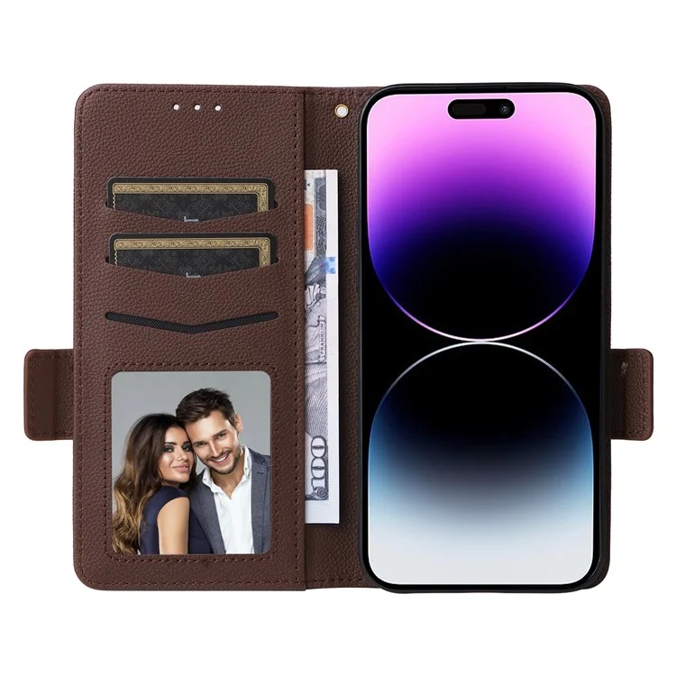 Для iPhone 15 Plus Litchi Текстура PU Leather Wallet Case Drop Protection Stand Phone Cover с ремешком - коричневый