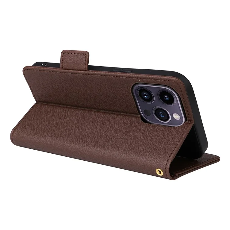 Для iPhone 15 Plus Litchi Текстура PU Leather Wallet Case Drop Protection Stand Phone Cover с ремешком - коричневый