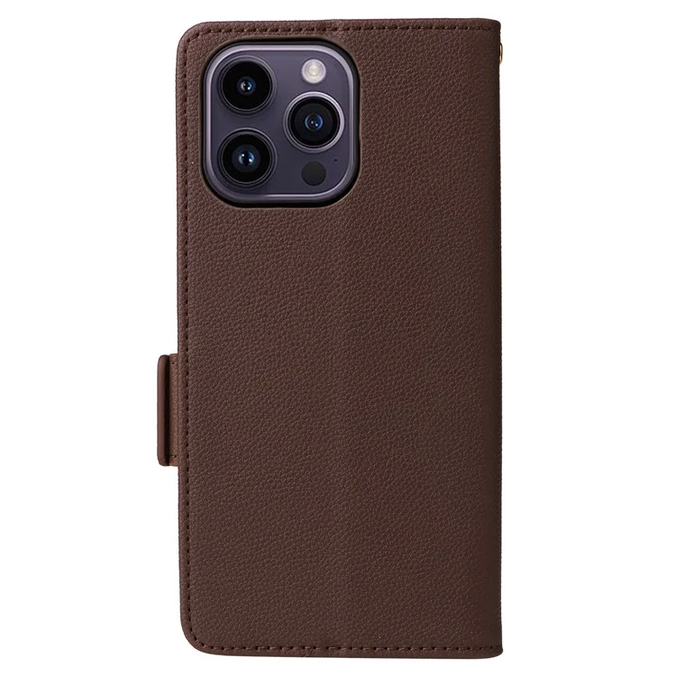 Для iPhone 15 Plus Litchi Текстура PU Leather Wallet Case Drop Protection Stand Phone Cover с ремешком - коричневый