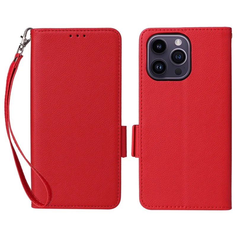 For iPhone 15 Plus Litchi Texture PU Leather Wallet Case Drop Protection Stand Phone Cover with Strap - Red