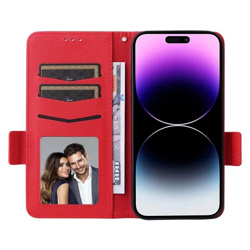 For iPhone 15 Plus Litchi Texture PU Leather Wallet Case Drop Protection Stand Phone Cover with Strap - Red