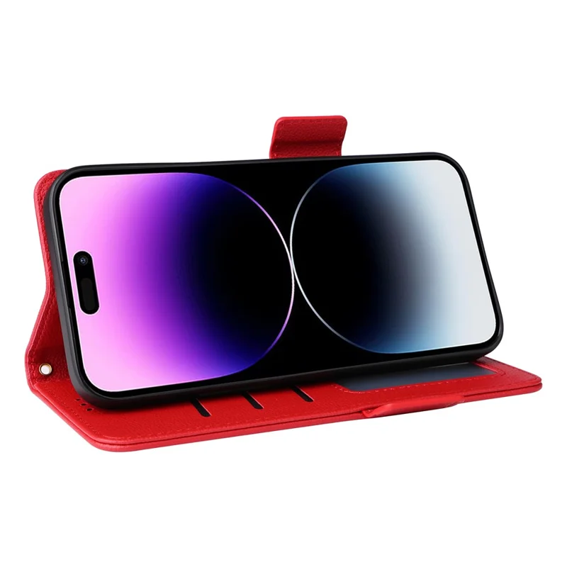 For iPhone 15 Plus Litchi Texture PU Leather Wallet Case Drop Protection Stand Phone Cover with Strap - Red