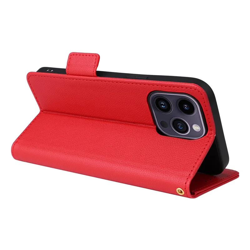 For iPhone 15 Plus Litchi Texture PU Leather Wallet Case Drop Protection Stand Phone Cover with Strap - Red
