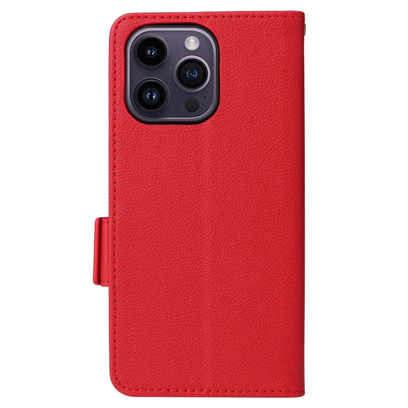 For iPhone 15 Plus Litchi Texture PU Leather Wallet Case Drop Protection Stand Phone Cover with Strap - Red