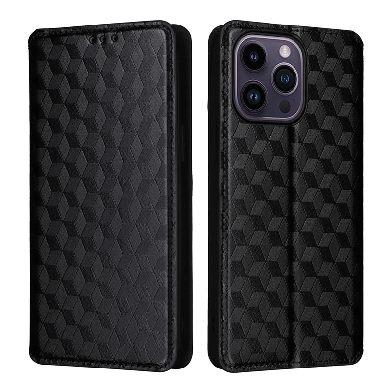 Full Protection Phone Shell for iPhone 15 PU Leather Rhombus Imprinted Wallet Stand Cover - Black