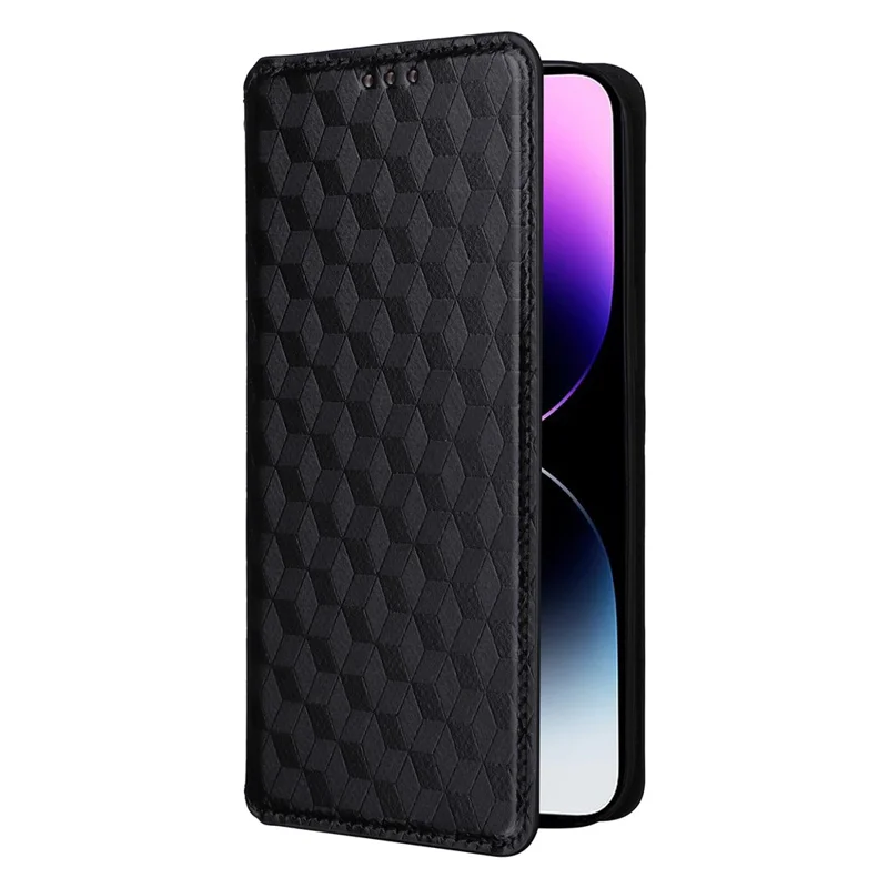 Full Protection Phone Shell for iPhone 15 PU Leather Rhombus Imprinted Wallet Stand Cover - Black