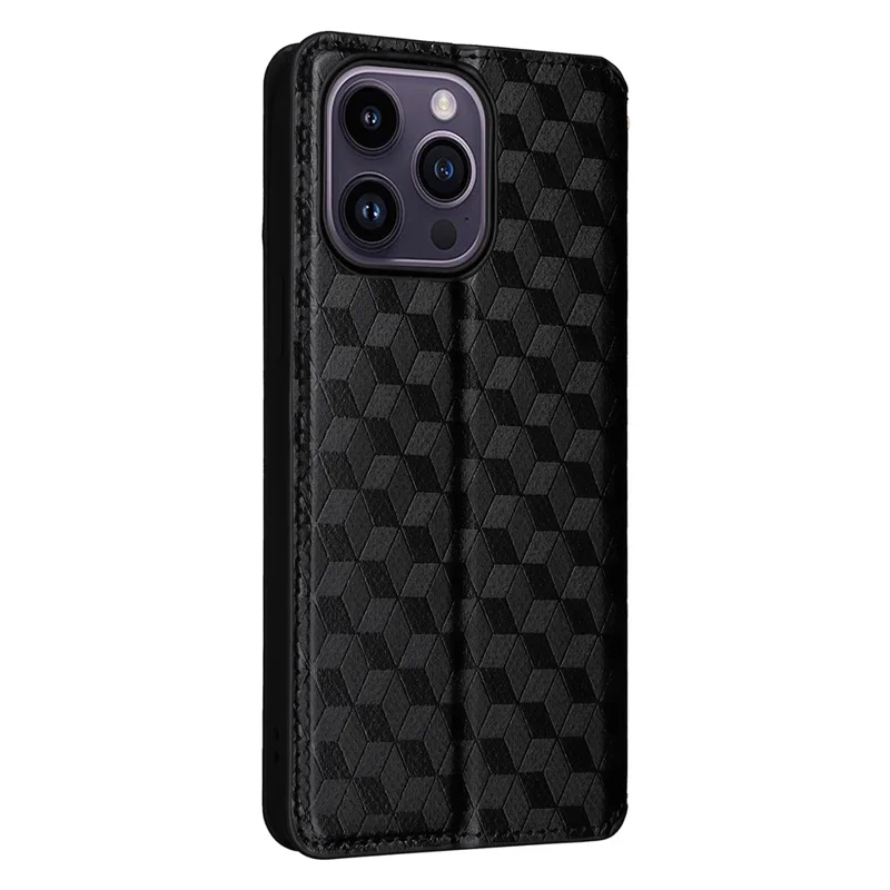 Full Protection Phone Shell for iPhone 15 PU Leather Rhombus Imprinted Wallet Stand Cover - Black