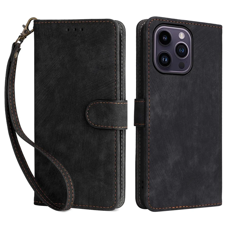 PU Leather Phone Shell for iPhone 15 Plus , Wallet Phone Case RFID Blocking Stand Cover with Strap - Black
