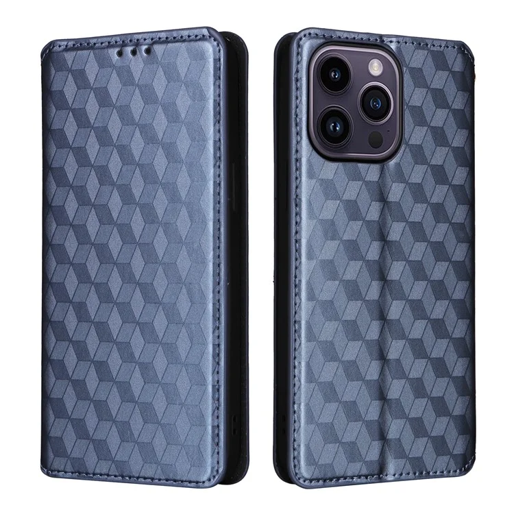 Pour iPhone 15 Plus Rhombus Imprinted Phone Case Anti-drop PU Leather Wallet Stand Cover - Bleu