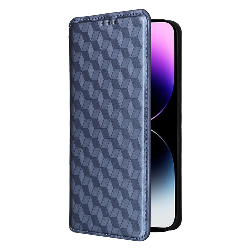 Pour iPhone 15 Plus Rhombus Imprinted Phone Case Anti-drop PU Leather Wallet Stand Cover - Bleu