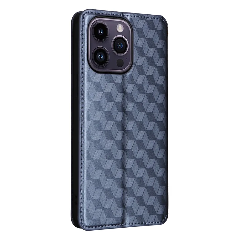 Pour iPhone 15 Plus Rhombus Imprinted Phone Case Anti-drop PU Leather Wallet Stand Cover - Bleu
