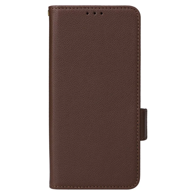 Litchi Texture PU Leather Wallet Case for iPhone 15, Full Protection Stand Phone Cover with Strap - Brown