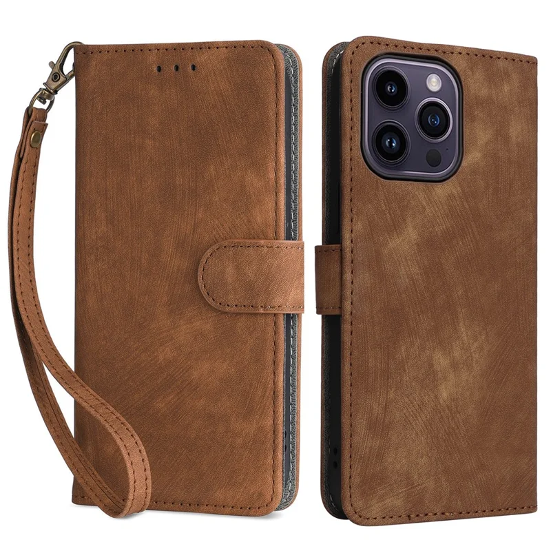 Per iPhone 15 Anti-graffio Stand Cover Wallet Phone Case RFID Blocking PU Leather Shell con Cinturino - Marrone
