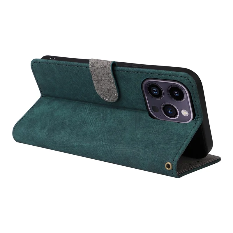 For iPhone 15 Anti-scratch Stand Cover Wallet Phone Case RFID Blocking PU Leather Shell with Strap - Green