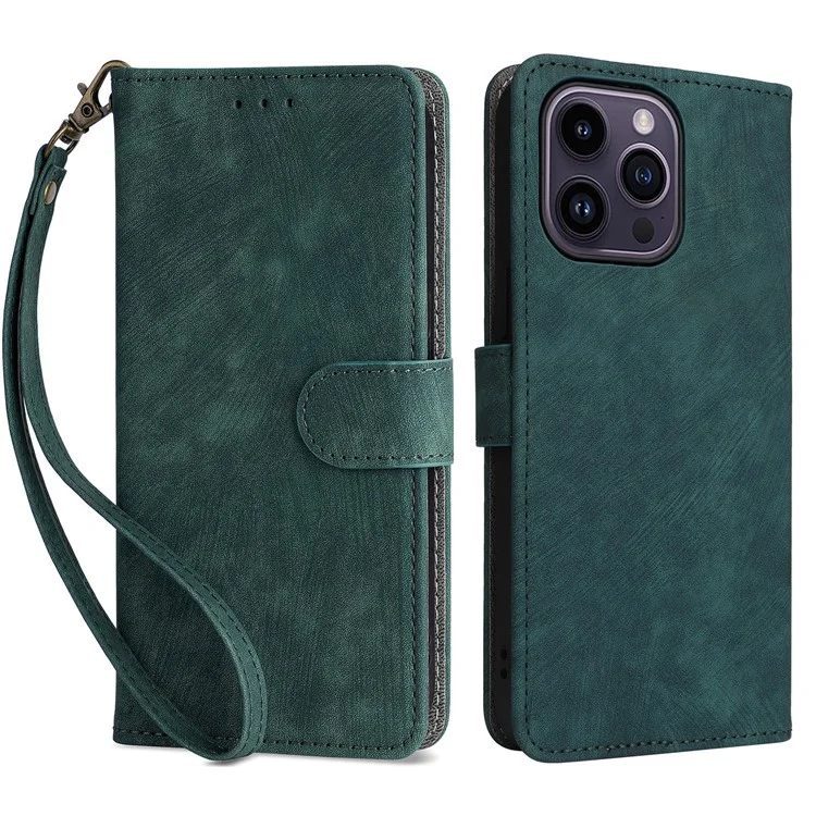 Per iPhone 15 Pro Wallet Phone Case RFID Blocking PU Leather Anti-fall Stand Cover with Strap - Verde