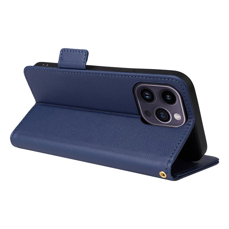 Wallet Phone Case For iPhone 15 Pro, Litchi Texture PU Leather Shell Phone Stand Cover with Strap - Dark Blue