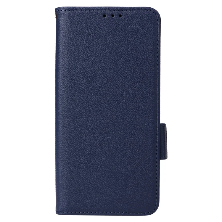 Wallet Phone Case For iPhone 15 Pro, Litchi Texture PU Leather Shell Phone Stand Cover with Strap - Dark Blue