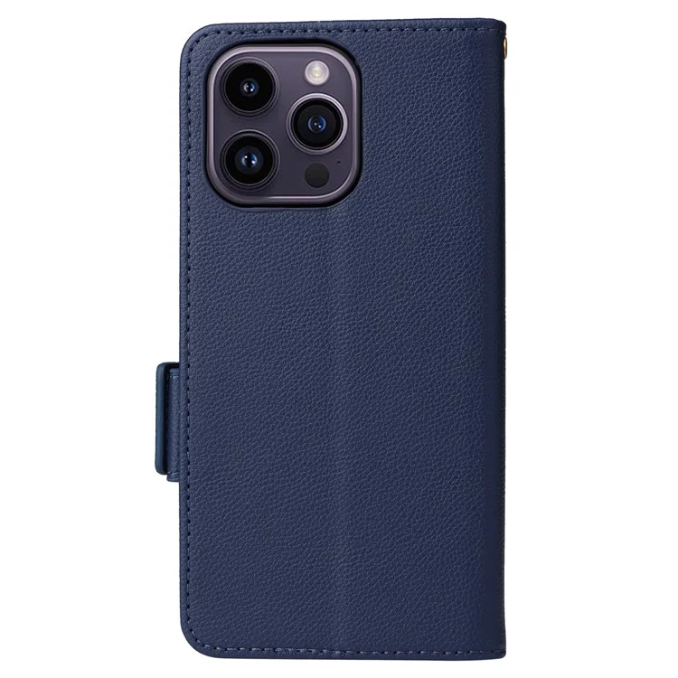 Wallet Phone Case For iPhone 15 Pro, Litchi Texture PU Leather Shell Phone Stand Cover with Strap - Dark Blue