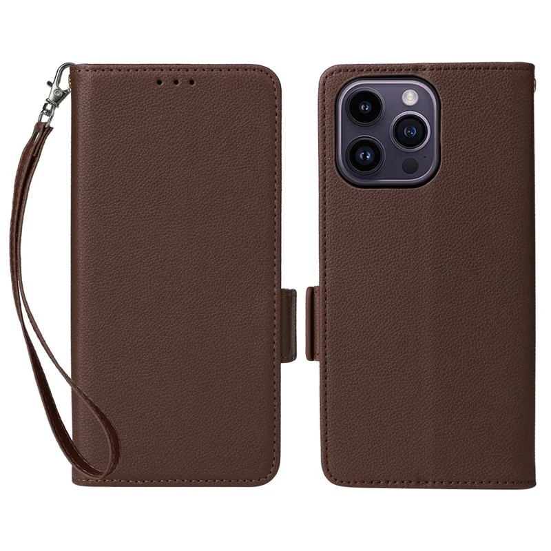Wallet Phone Case For iPhone 15 Pro , Litchi Texture PU Leather Shell Phone Stand Cover with Strap - Brown