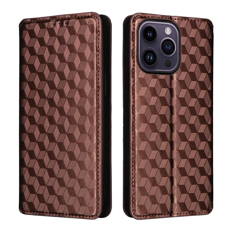 Leather Wallet Case for iPhone 15 Pro Max , Rhombus Imprinted Stand Protective Phone Cover - Brown