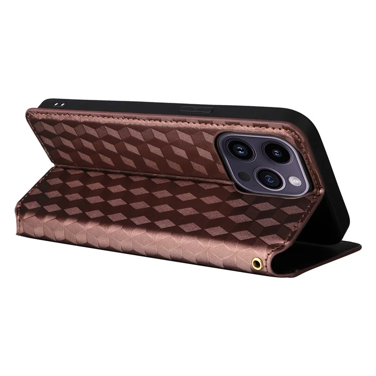 Leather Wallet Case for iPhone 15 Pro Max , Rhombus Imprinted Stand Protective Phone Cover - Brown