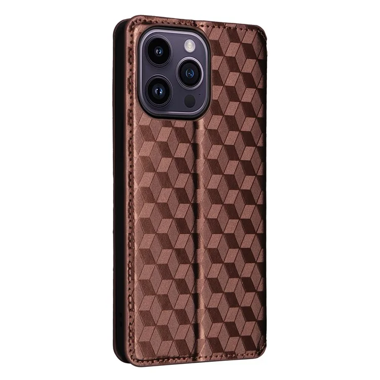 Leather Wallet Case for iPhone 15 Pro Max , Rhombus Imprinted Stand Protective Phone Cover - Brown